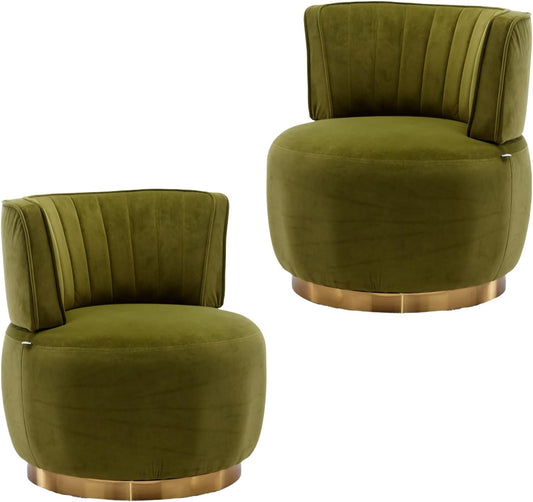 Velvet Swivel Barrel Chairs Set of 2, Upholstered 360-Degree Swivel Accent Armchair, Modern Comfy Round Leisure Sofa Chair for Small Living Room, Bedroom, Nursery Room, Lounge, Office, Olive