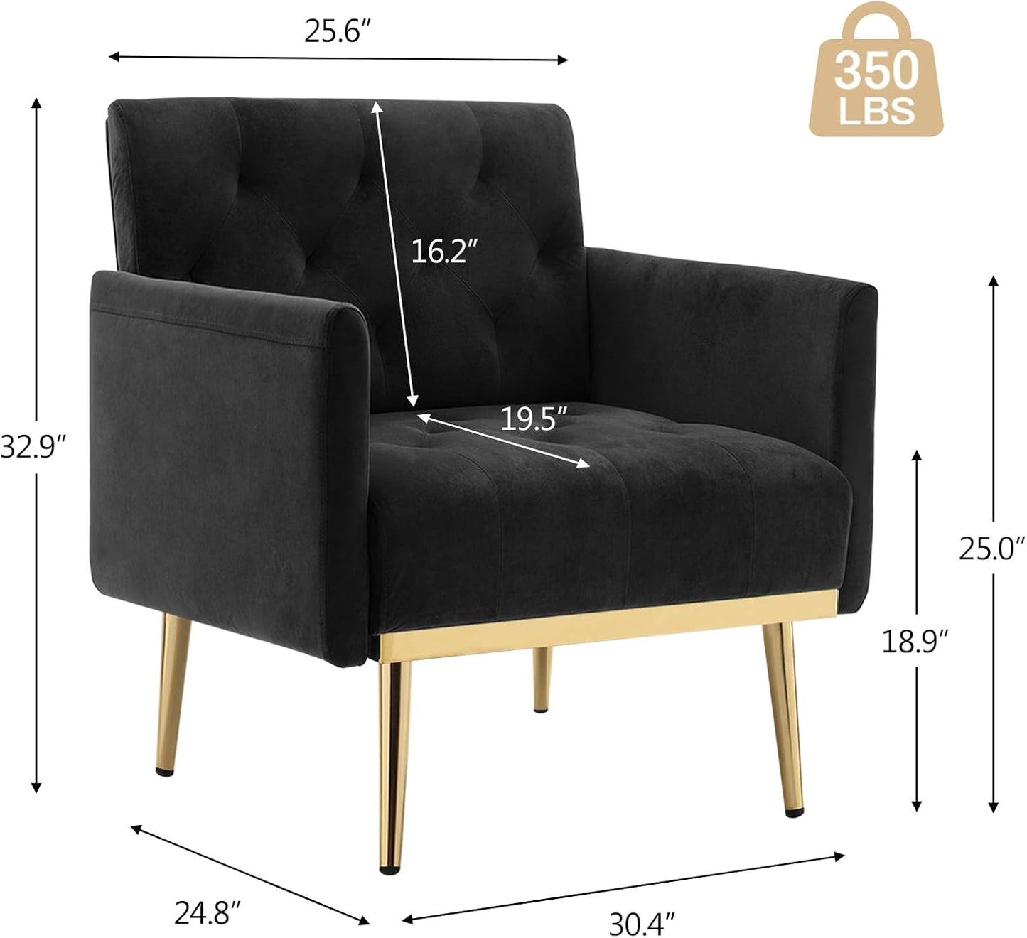 Black Velvet Accent Chairs Set of 2, Comfy Button Tufted Armchair, Upholstered Arm Chair Single Sofa Reading Chairs with Arms and Gold Metal Leg for Living Room Bedroom Nursery Office