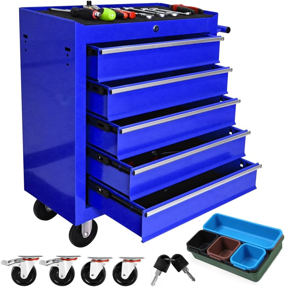 7 Drawer Tool Chest with Wheels,Metal Locking Rolling Tool Box with Tool Organizer Trays for Tool Storage Organizer,Portable Standing Mechanic Toolbox for Garage,30 in Tall Tool Cabinet Blue