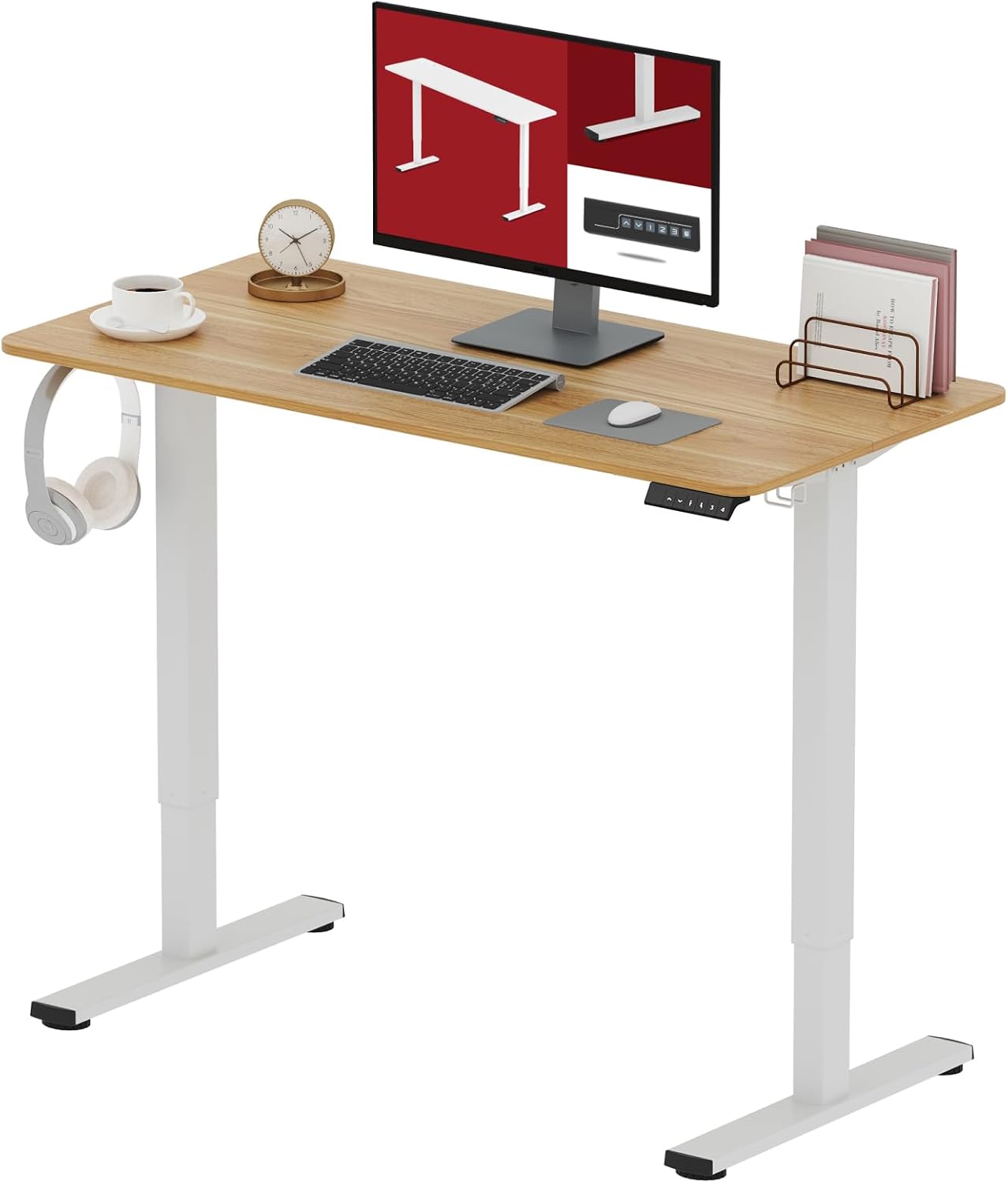 SANODESK Electric Standing Desk 48x24 Inch Height Adjustable Stand Up Desk Home Office Computer Workstation Sit Stand Home Office Desk with Splice Board (White Frame + Maple Top)