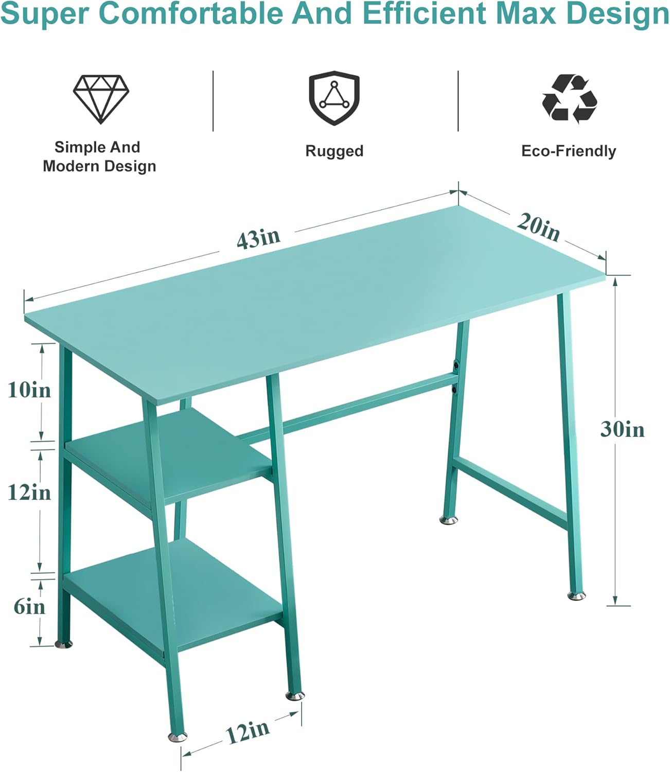 VECELO 43 Inch Computer Home Office Desks, Writing Desk Home Office with 2 Tier Storage Shelves，Adjustable Feet/Waterproof,Simple Workstation, Blue Desk