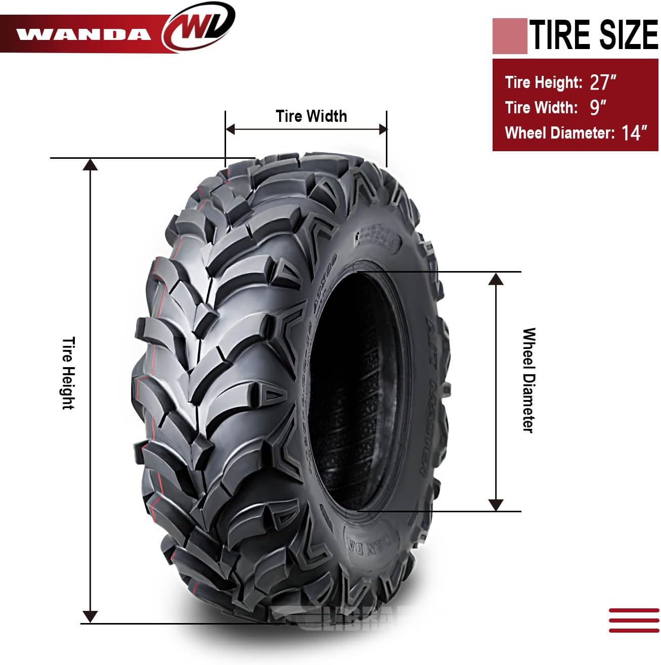 WANDA (Set 2) UTV ATV Tires 27x9-14 27x9x14 8-Ply Solid Mud 20mm tread