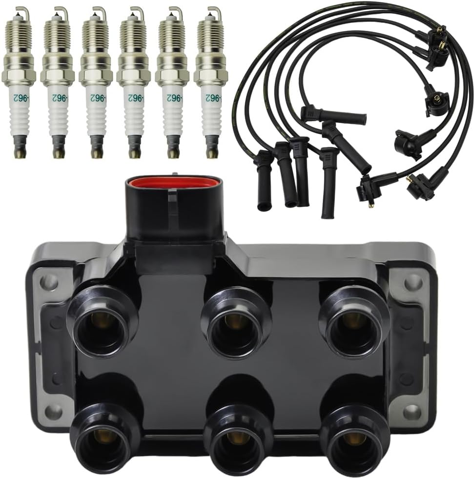 Set of 1 DG452 Ignition Coil Pack & 6PCS Spark plugs & wires Compatible with 1990-2011 Ford Ranger 3.0l, 2005-2010 Mustang Aerostar Econoline Explorer Mystique Mystique Sable Taurus Replaces FD480