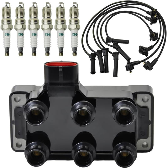 Set of 1 DG452 Ignition Coil Pack & 6PCS Spark plugs & wires Compatible with 1990-2011 Ford Ranger 3.0l, 2005-2010 Mustang Aerostar Econoline Explorer Mystique Mystique Sable Taurus Replaces FD480