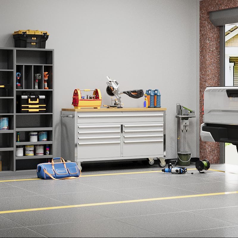 61 inch Rolling Tool Chest, Garage Workbench with 15 Drawers, Solid Rubber Wood Top & with Wheels Lock Key Locking, Mobile Workstation Tool Cabinet for Workshop Storage