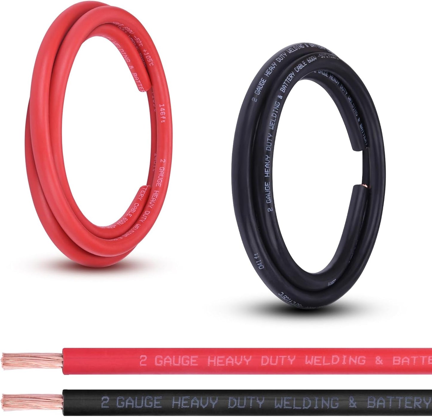 2 Gauge Battery Cable, 10FT Red + 10FT Black 2 AWG Pure Copper Wire Welding Cable, for Automotive, Battery, Solar and Generator, Standard USA OFC Wire