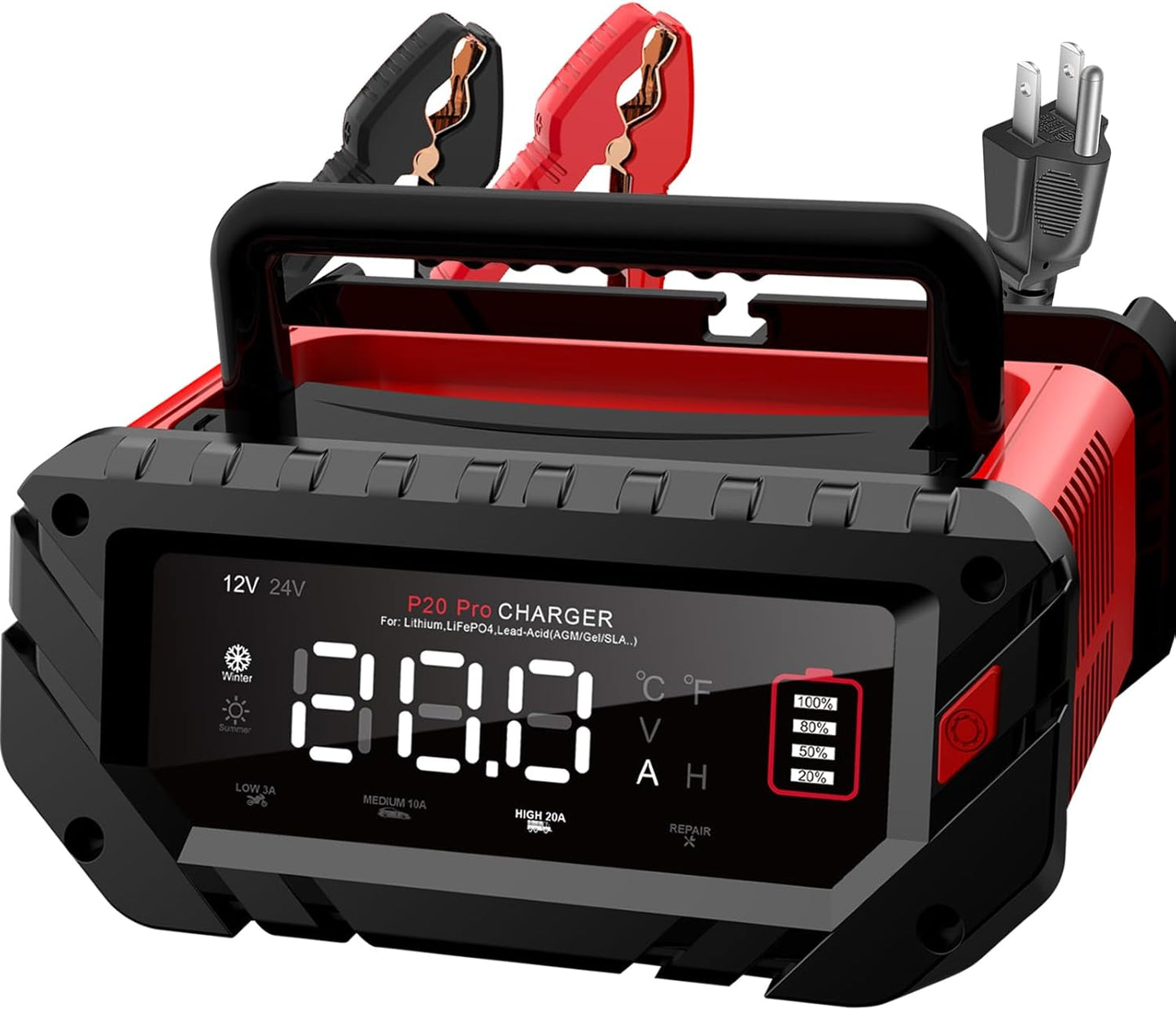 20-Amp Lifepo4 Lithium AGM Gel Smart Battery Charger, 12V/20A 24V/10A Trickle Charger, Maintainer for car Boat Motorcycle, Lawn Mower