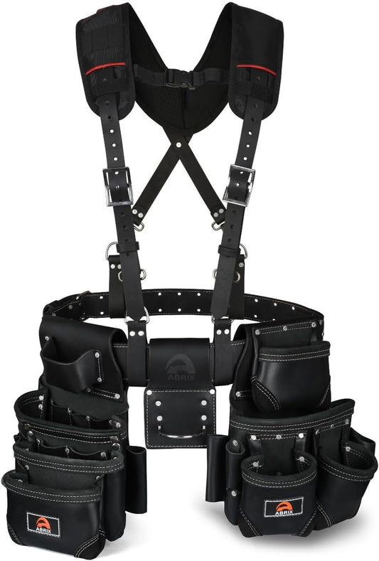 ABRIX Leather Tool Belt for Men – Heavy Duty 28 Pocket Tool Belts with Suspender, Adjustable (Fits 30" to 50"), – for Carpenters, Electricians, Contractors (Black, Extra Large)