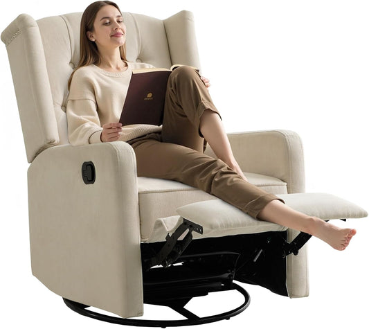 ABAKAN Swivel Rocker Recliner Chair, 360 Degree Nursery Rocking Recliner, Linen Glider Chair with Button Tufted Wingback Chair, for Living Room, Bedroom,Ash Beige