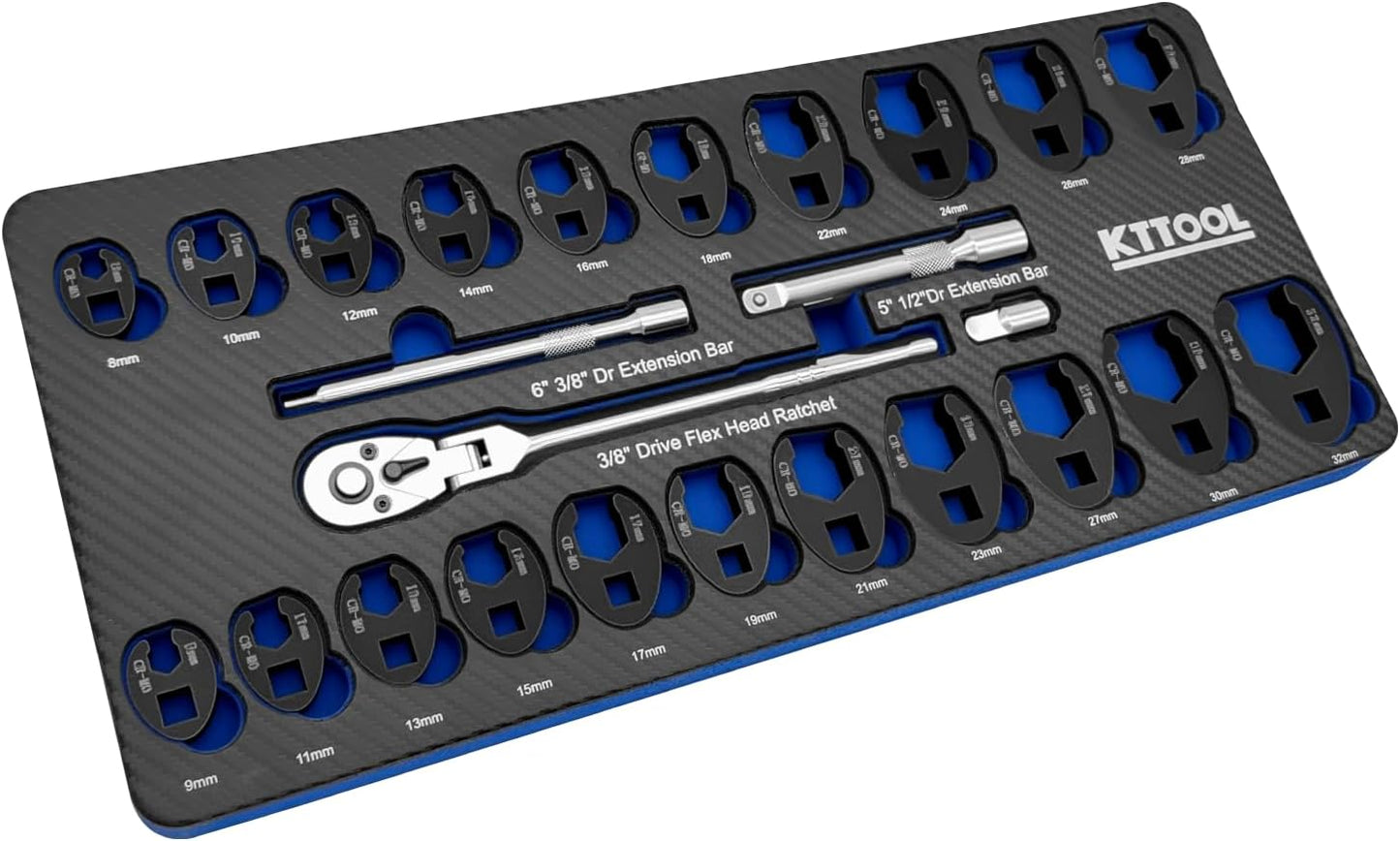 25Pcs Crows foot Wrench Set 1/2" and 3/8” Drive Flare Nut Crowfoot Wrench Set Metric 8-32mm 6 Point Crows Feet Wrench