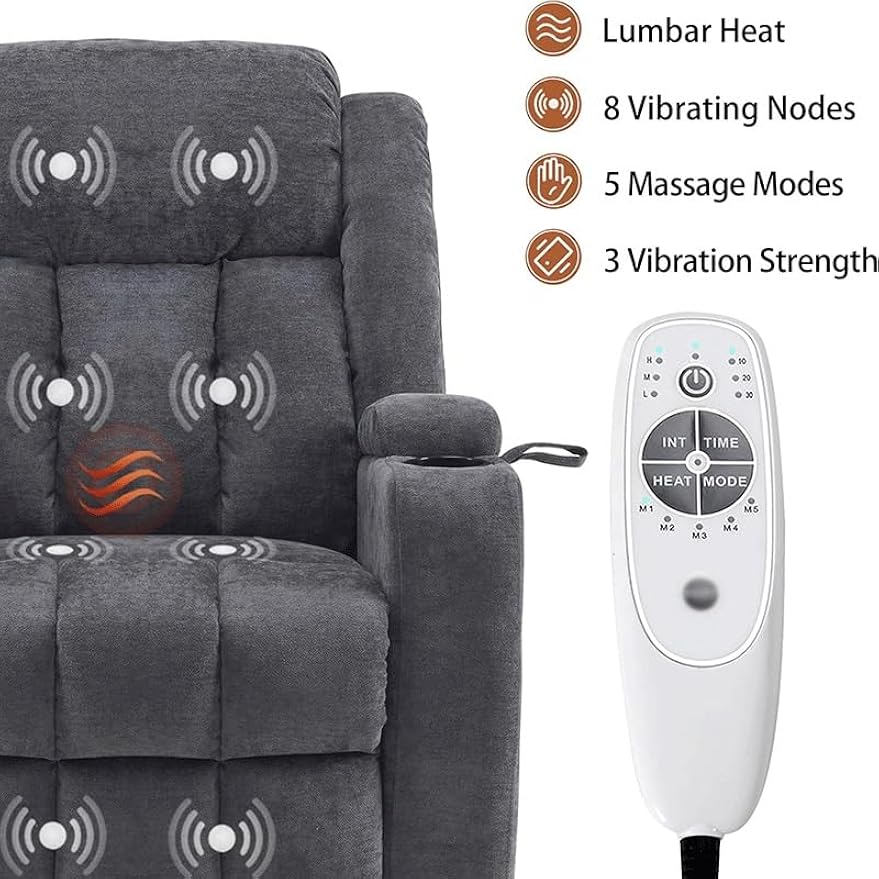 Grey Fabric Power Lift Recliner Chair for Elderly, Electric Lift Recliner Sofa with Massage and Heat, Side Pocket, USB Ports, Remote Control for Living Room