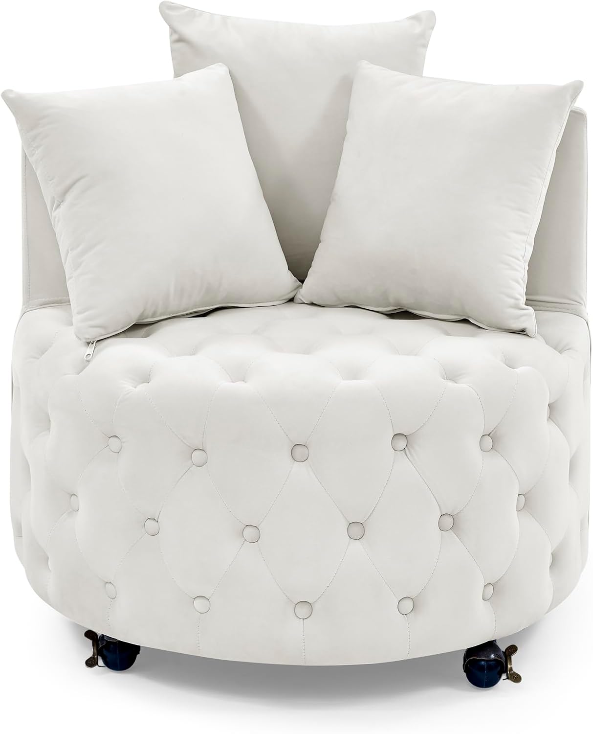 Velvet Upholstered Swivel Chair, Comfy Corner Chair with Button Tufted Design and Movable Wheels, Including 3 Pillows for Living Room (Beige)