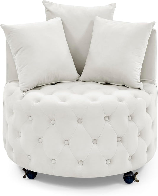 Velvet Upholstered Swivel Chair, Comfy Corner Chair with Button Tufted Design and Movable Wheels, Including 3 Pillows for Living Room (Beige)