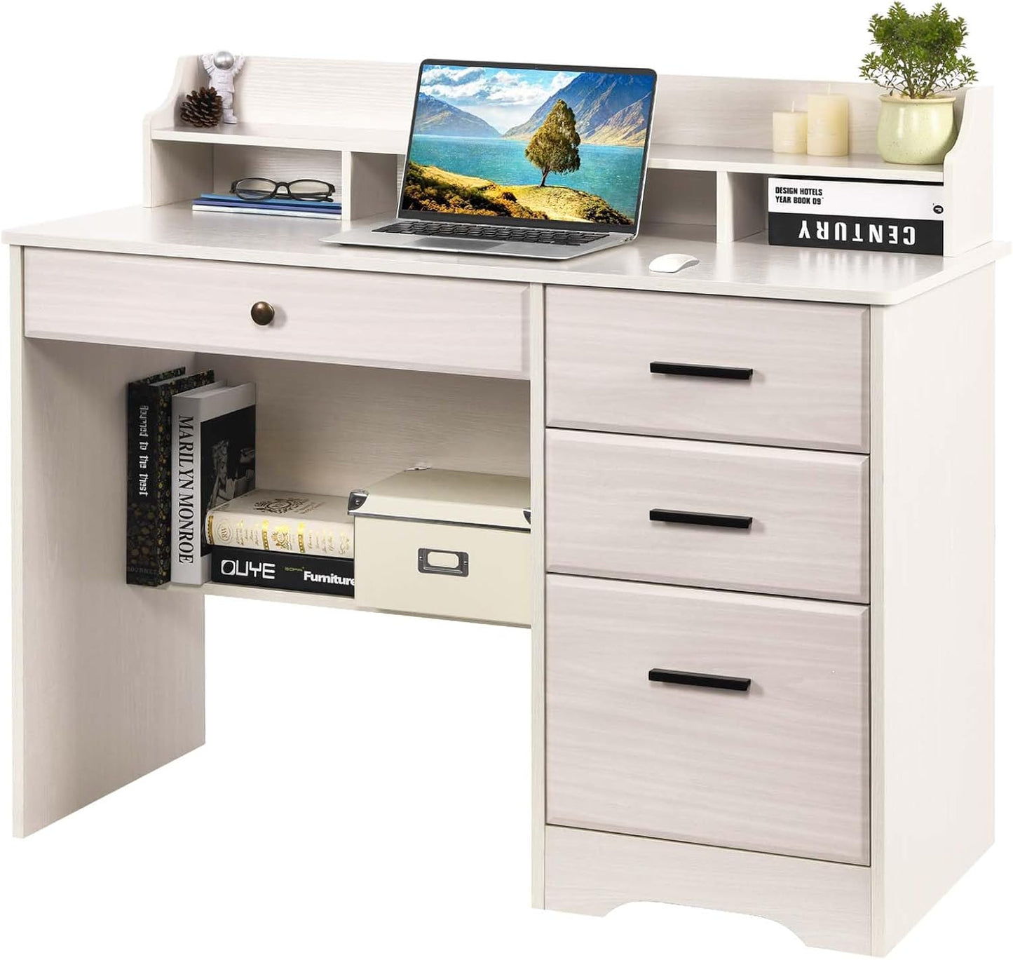 White Desk with 4 Drawers, Computer Desk with Drawers and Hutch&Shelf, Wood Writing Home Office Workstation, Student Desks for Bedrooms