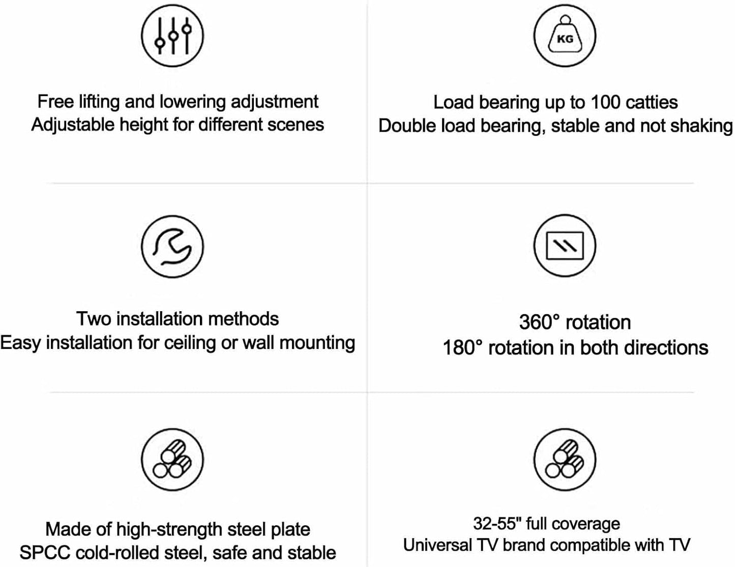 Ceiling TV Stand - Tv Wall Mount,Full Motion 360° Rotation Tilting Ceiling TV Mount Stand,Fits Most 32-55 Inch TVs Height Adjustment TV Lift Mount,Hanging TV Mount,500,3000mm