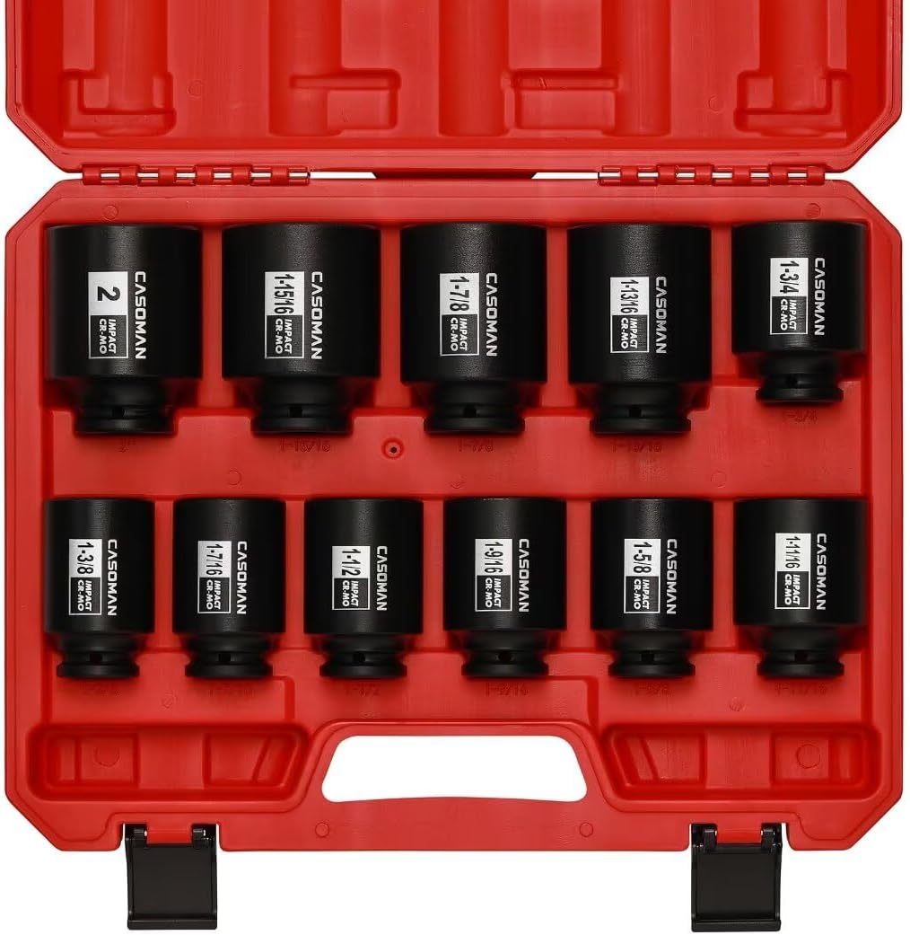 CASOMAN 11PCS 1/2-Inch Drive Large Impact Socket Set, 6 Point, 1-3/8-Inch to 2-Inch, SAE Spindle Axle Nut Impact Socket Set, CR-MO