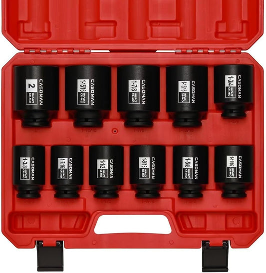 CASOMAN 11PCS 1/2-Inch Drive Large Impact Socket Set, 6 Point, 1-3/8-Inch to 2-Inch, SAE Spindle Axle Nut Impact Socket Set, CR-MO