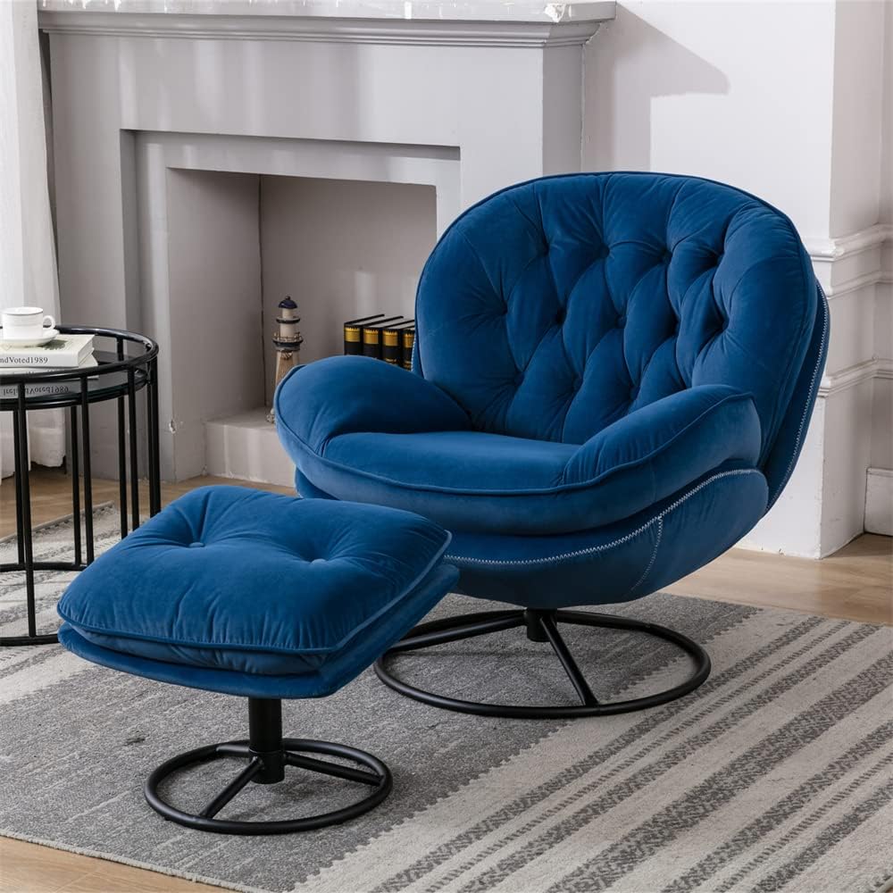 Velvet 360 Degree Swiveling Accent Chair with Ottoman Set, Modern Lounge Sofa Chair with Metal Base Frame & Footrest, Comfy Single Leisure TV Chair Reading Chair for Living Room and Office, Yellow