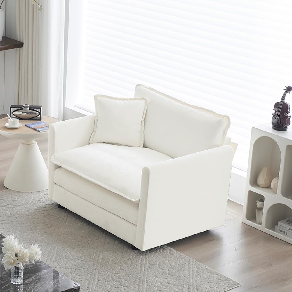 WILLIAMSPACE 41" Single Sofa Chair, Modern Upholstered Armchair with 1 Toss Pillow, Small Cream Couch Chair for Living Room, Deep Seat Reading Sofa for Bedroom Apartment, Chenille Fabric (Cream White)