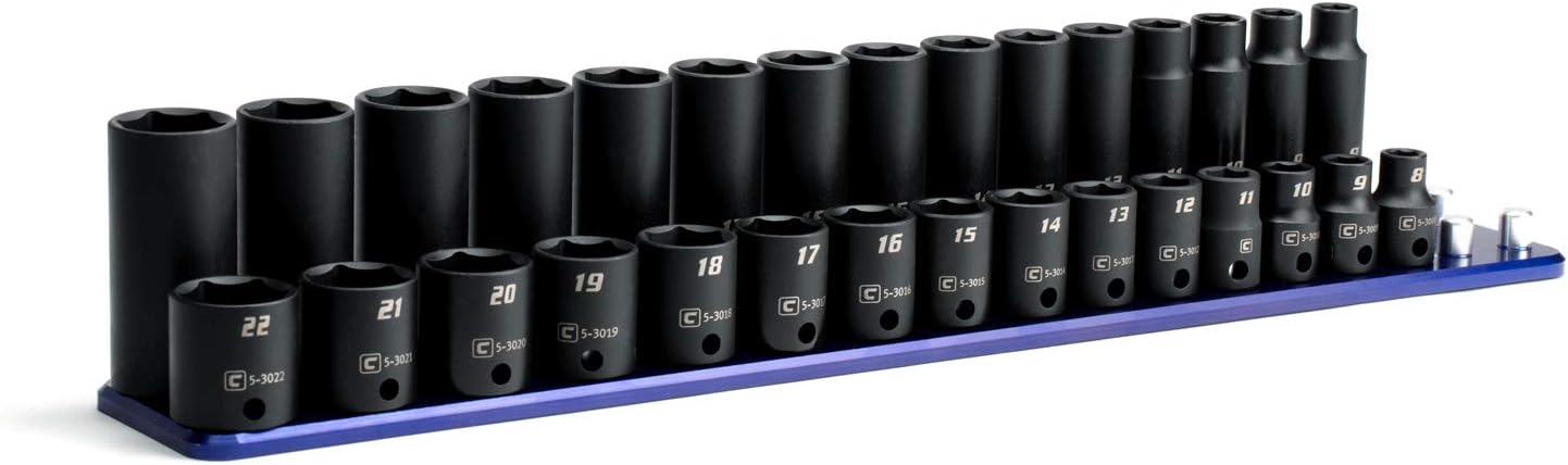 Capri Tools 3/8 in. Drive Shallow, Semi-Deep and Deep Impact Socket Set, Metric, 8 to 22 mm, 45-Piece with Billet Aluminum Socket Rail