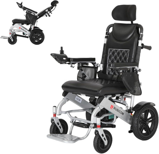 Rubicon DX11 - Reclining Foldable Electric Wheelchairs for Adults - Longest Range 25 Miles of Freedom: Airline Approved Deluxe Electric Wheelchair with Dual 12AH Lithium Batteries, 600W Motor (Model7)