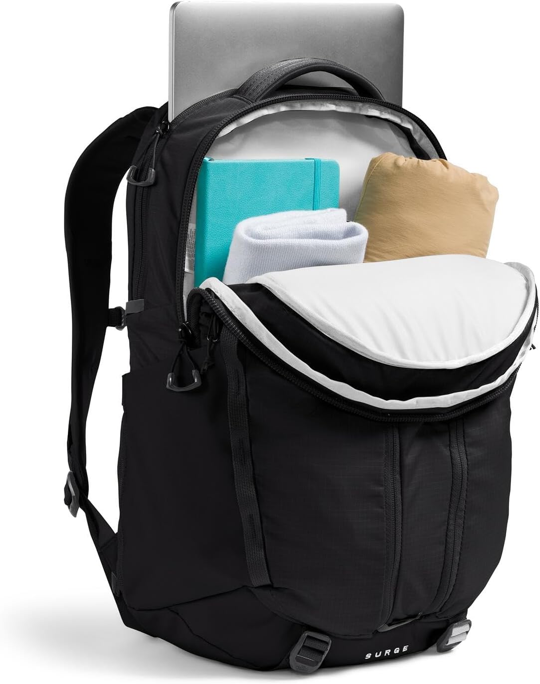 THE NORTH FACE Women's Surge Commuter Laptop Backpack | Everyday Travel Bag with 16" Laptop Sleeve, Water-Repellent Finish, Women-Specific Fit, TNF Black/TNF Black-NPF, One Size