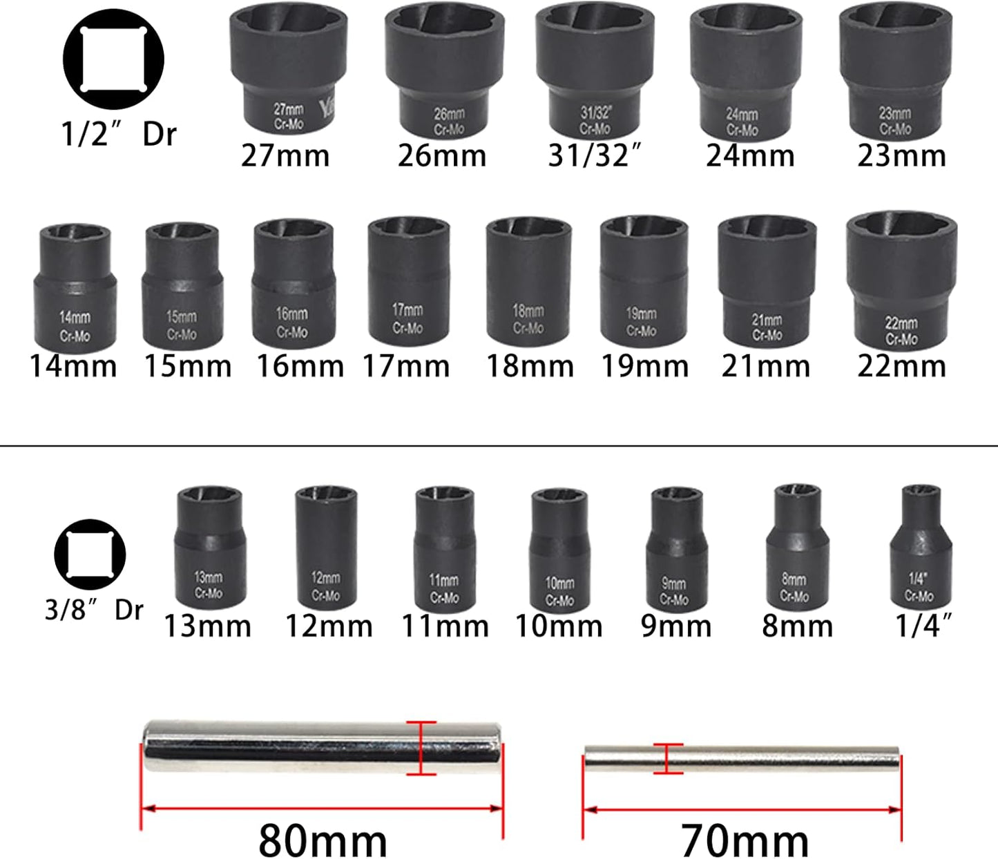 22 Pcs Bolt Nut Extractor Set, Yuesstloo 1/2" and 3/8" Drive Wheel Lock Removal Kit for Extracting Damaged, Stripped Frozen Nuts & Screws Twist Socket Set, Impact Lug Nut Remover Socket Tool
