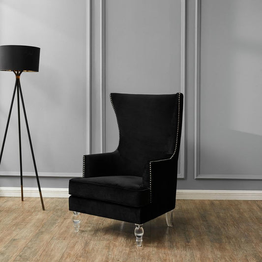 SAFAVIEH Couture Collection Geode Black Velvet Upholstered Wingback Chair with Clear Acrylic Legs & Studded Nailhead Trim for Living Room, Home Office, Study, Bedroom