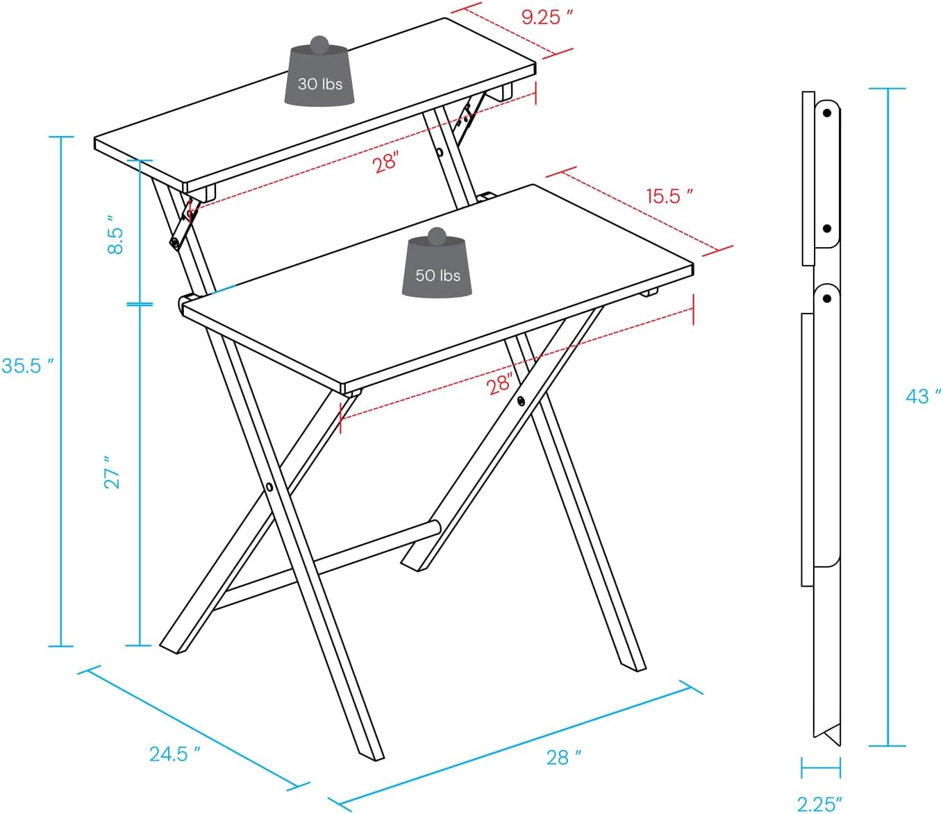 Casual Home 100% Solid Wood 2-Tier Folding 28" W Laptop Working Computer Desk, No Assembly Required