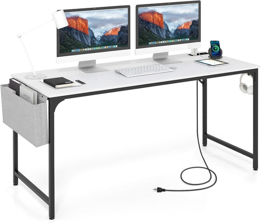 Tangkula 60” Large Computer Desk with Charging Station, Modern Simple Study Writing Desk with Storage Bag, Headphone Hook, Sturdy Metal Frame, Home Office Workstation