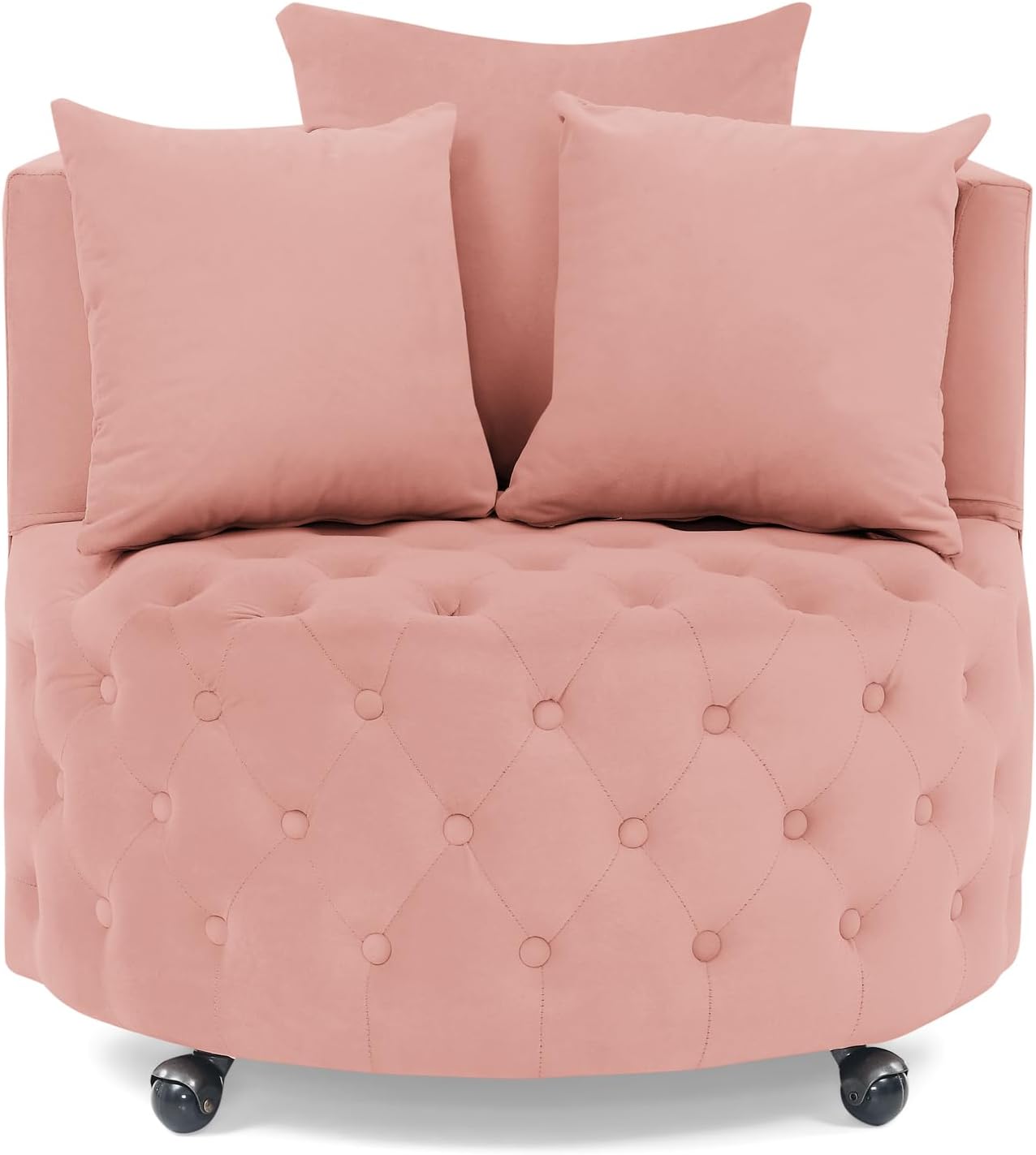 Velvet Upholstered Swivel Chair, Comfy Corner Chair with Button Tufted Design and Movable Wheels, Including 3 Pillows for Living Room (Beige)