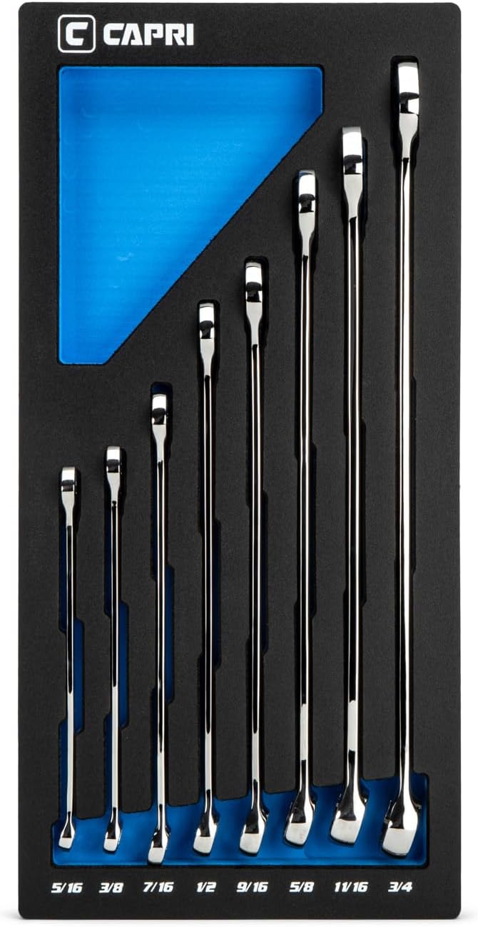 Capri Tools XT90 WaveDrive Pro Combination Wrench Set for Regular and Rounded Bolts (20-Piece Metric & SAE (Stubby) / Mechanic's Tray)