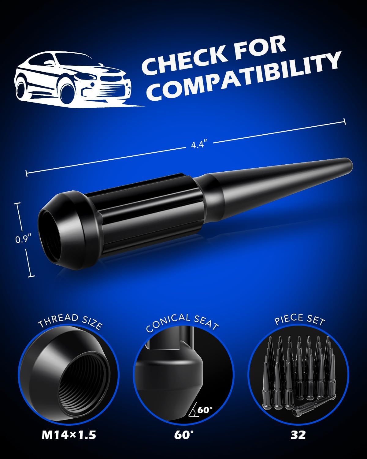 14x1.5 Lug Nuts Black 32 Piece, M14x1.5 Spike Lug Nuts Wheel Accessories Compatible with Chevy Ram Ford GMC