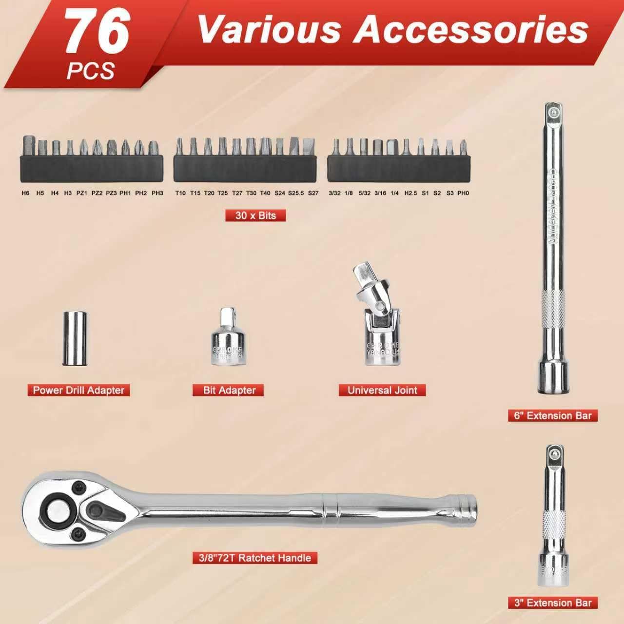 3/8” Drive Socket Set, 76 Pieces Ratchet Wrenches Set, Standard and Deep Metric (8 to 19mm)/SAE (5/16 to 3/4 inch) Size, with 72-Tooth Ratchet for Auto Repairing and Household, with Storage Case