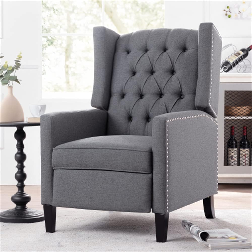 Arm Pushing Recliner Chair, Modern Button Tufted Wingback Manual Push Back Recliner Chair with Nailhead Trim & Wood Legs, Upholstered Living Room Chair Single Reclining Sofa Home Theater Seating Grey