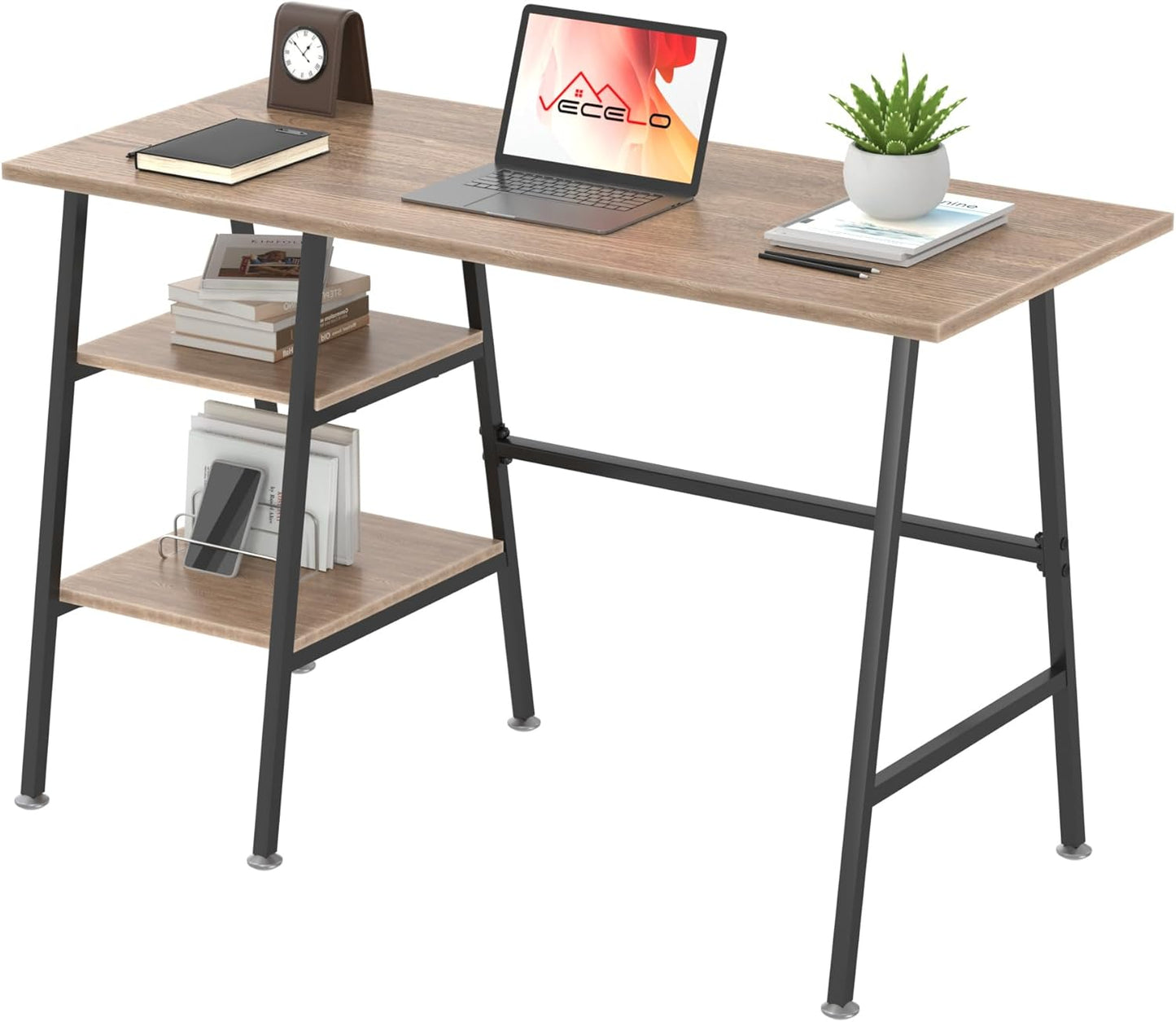 VECELO 43.1 Inch Computer Desk Home Office Black Study Desk Work Office Table with Shelves Wooden Desk for Bedroom