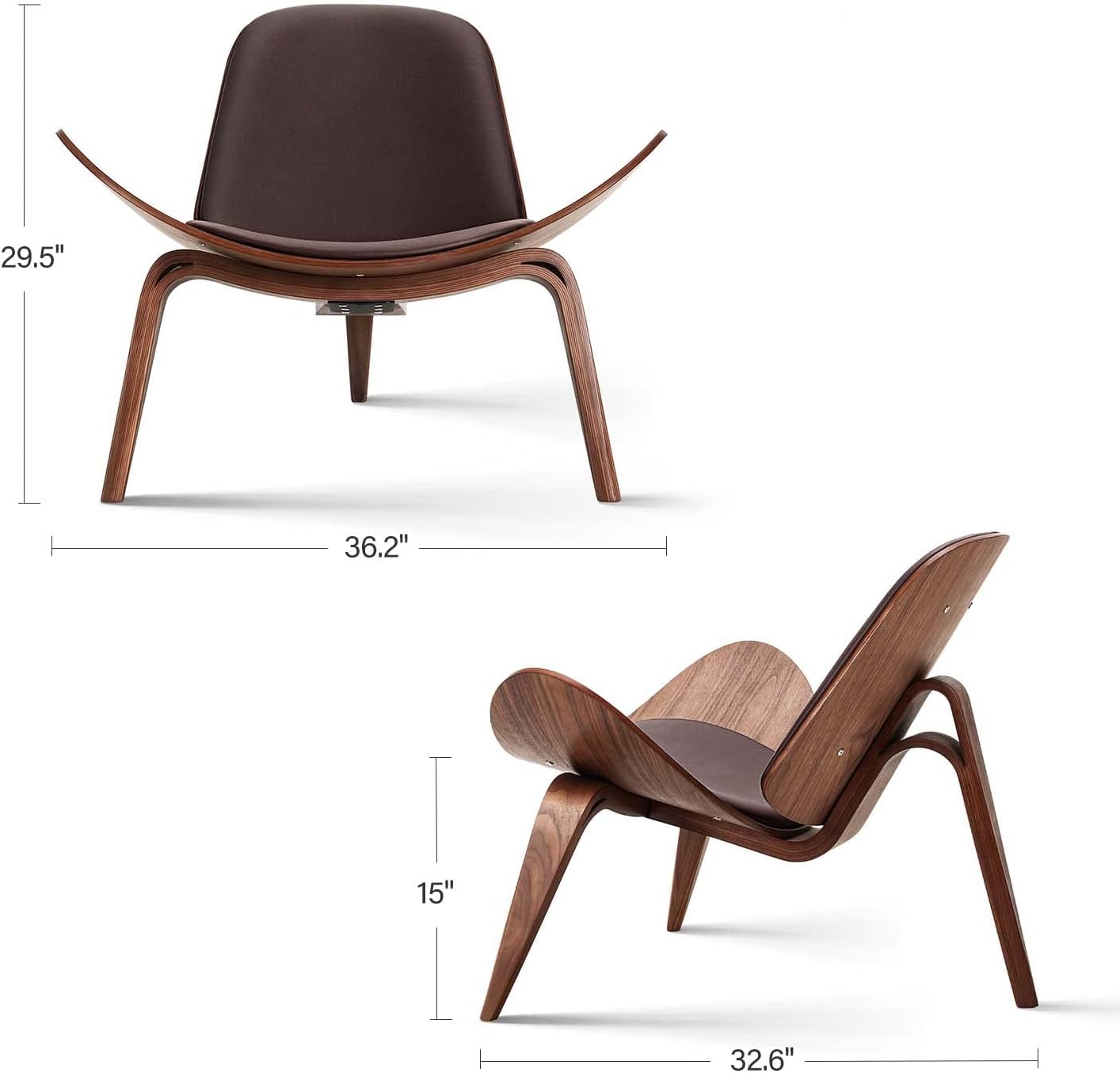 1inchome Mid Century Modern Shell Lounge Chair, Full Grain Leather, Scandinavian Furniture Tripod Plywood Classic Design Solid Wood Accent Chairs for Living Room, Reading, Lounge, Office, Salon