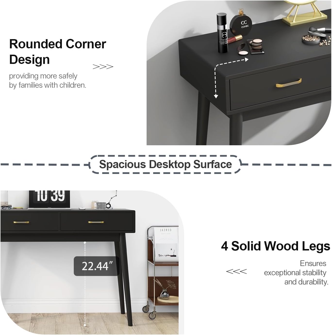 Black Small Writing Desk with Drawers, 40 Inch Writing Desk for Home Office, Vanity Desk with Solid Wood Leg for Small Spaces