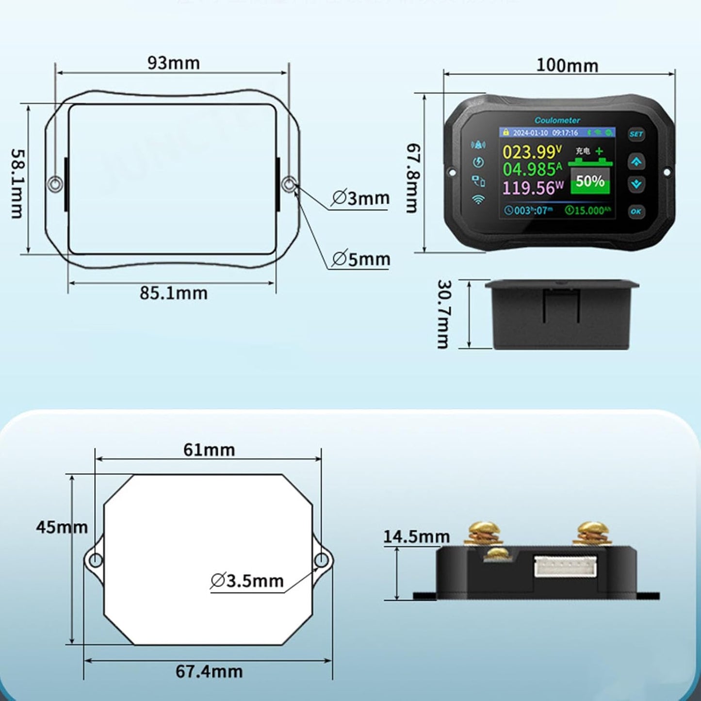 WiFi Battery Capacity Monitor, 10-100V 0-50A 2.4 inch HD Color LCD Screen, WiFi, Bluetooth, APP Remote Monitoring RV Battery Monitor with Shunt,Black