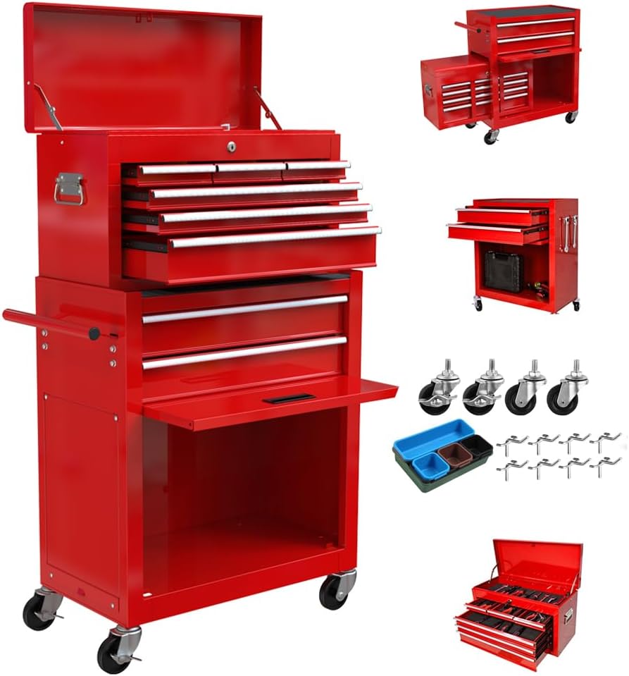 7 Drawer Tool Chest with Wheels,Metal Locking Rolling Tool Box with Tool Organizer Trays for Tool Storage Organizer,Portable Standing Mechanic Toolbox for Garage,30 in Tall Tool Cabinet Blue