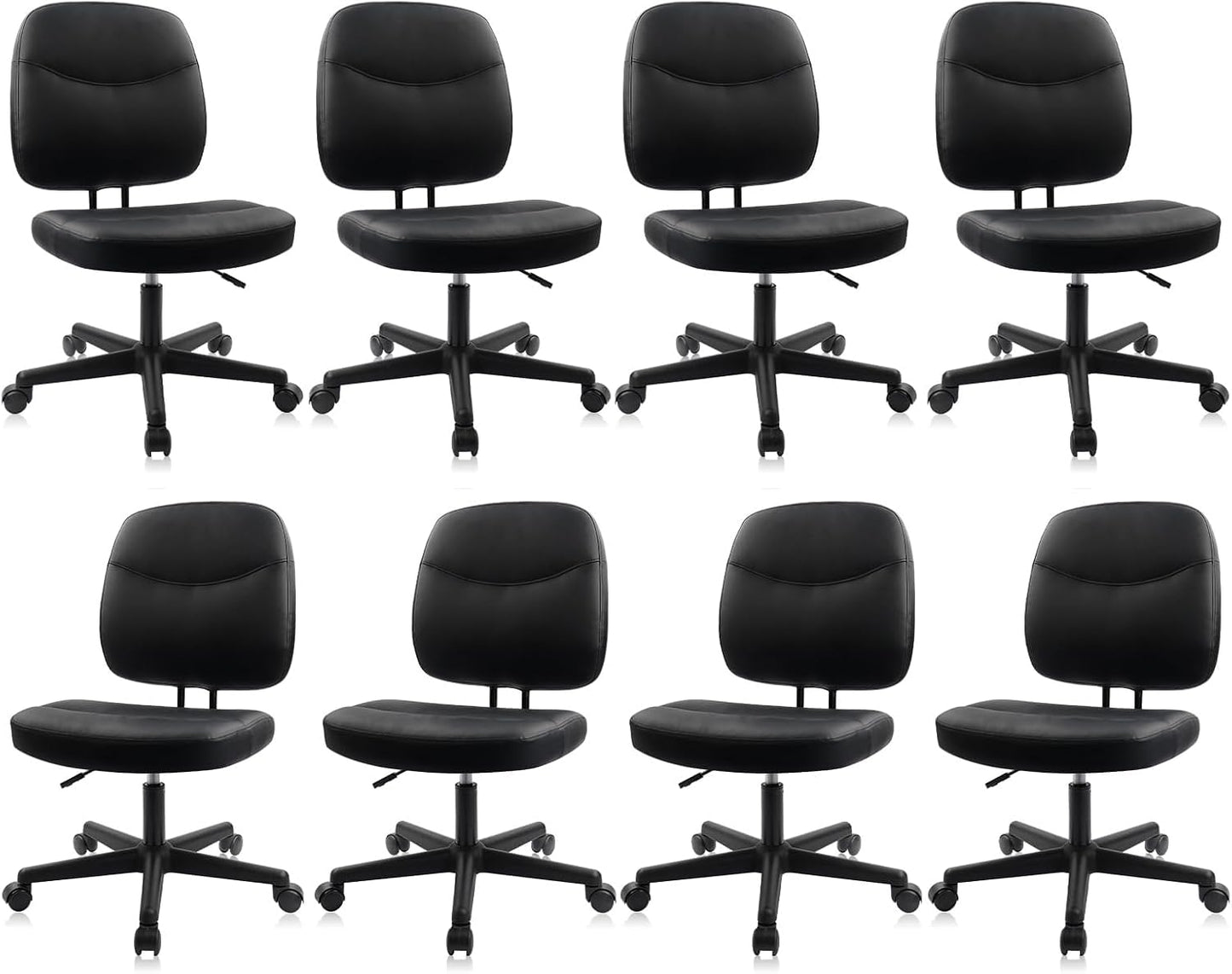 CLATINA Armless Home Office Chair,Small PU Leather Ergonomic Low Back Desk Chair with Lumbar Support and Wheels, Adjustable Height 360° Swivel Rolling Computer Task Chair, Black, 8 Pack