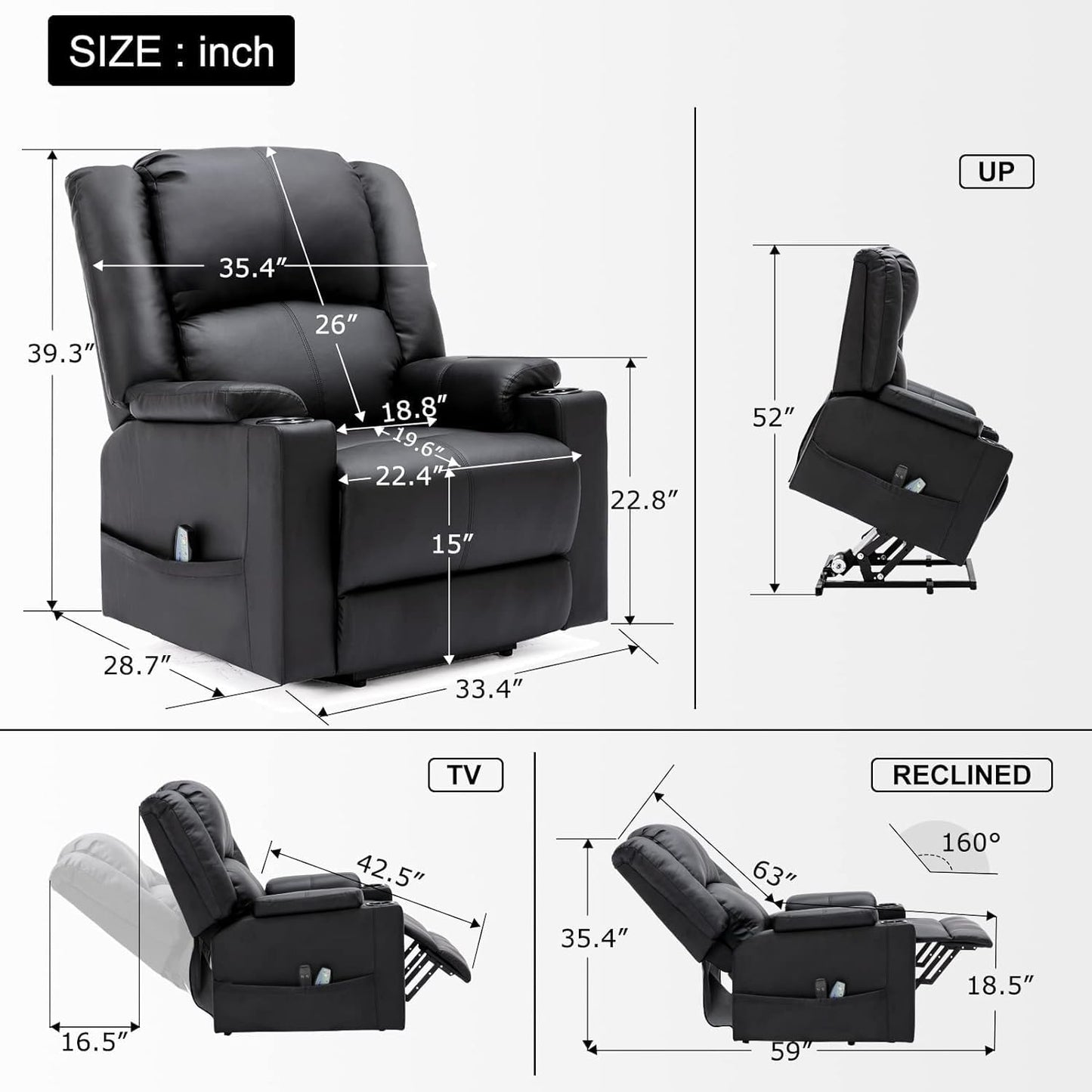 COMHOMA Power Lift Recliner for Elderly,Lift Chair with Heat and Massage,PU Recliner Sofa with Timing Function 2 Side Pockets,Cup Holders and Infinite Position for Living Room (Black)