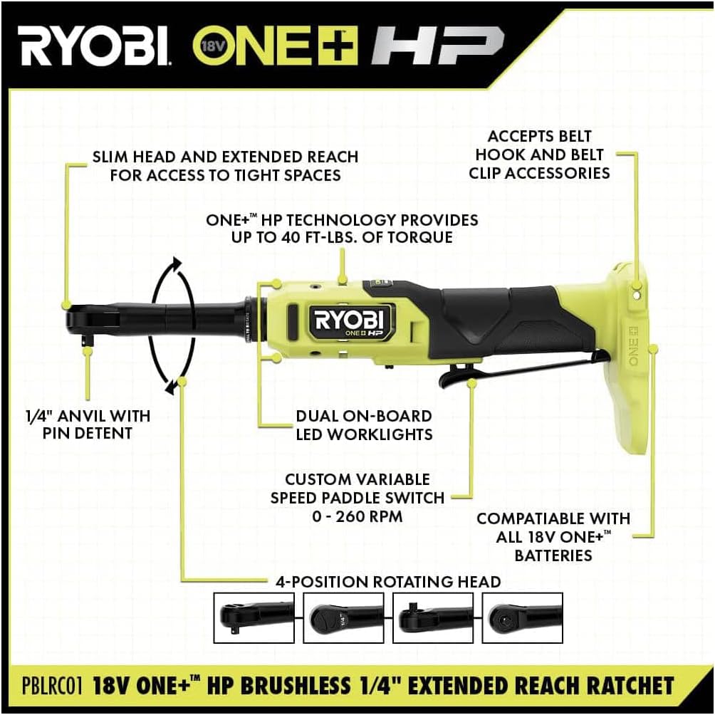 RYOBI ONE+ HP 18V Brushless Cordless 1/4 in. Extended Reach Ratchet (Tool Only) - PBLRC01B