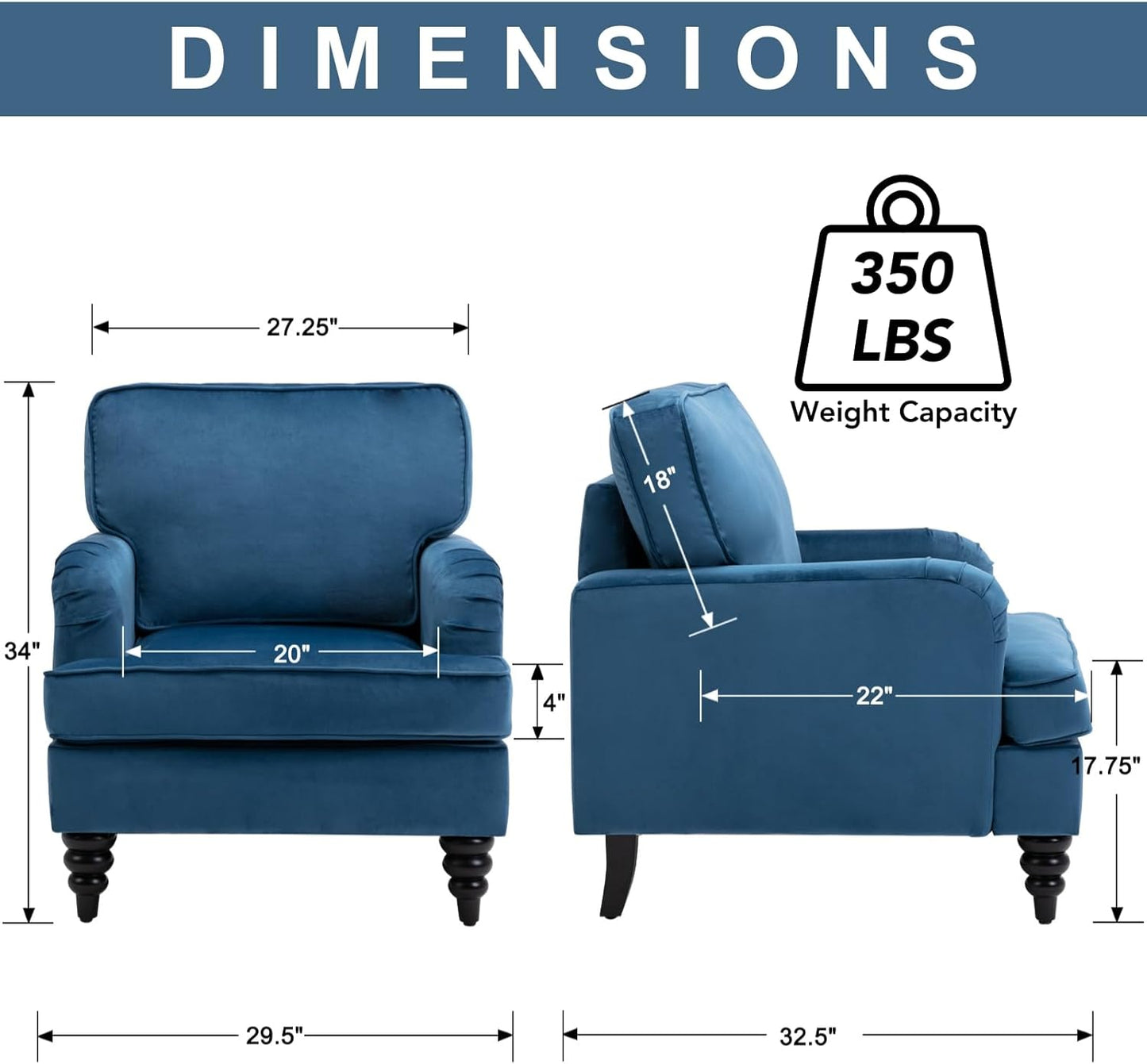 chairus Mid Century Modern Velvet Accent Chair Set of 2, Vintage Club Armchair with Firm Supportive Seat & Soft Backrest, Comfy Single Sofa Reading Chair for Living Room Bedroom Apartment, Blue