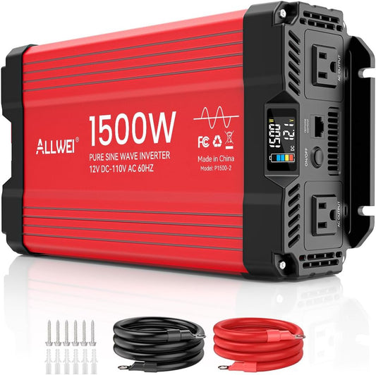 ALLWEI 1500W Pure Sine Wave Inverter 12V DC to 110V/120V AC Converter, Surge 3000W | Power Inverters Vehicles with 2 AC Outlets, RV Truck Boat Home Outdoor & Off-Grid Solar Inverter, Smart LCD Display