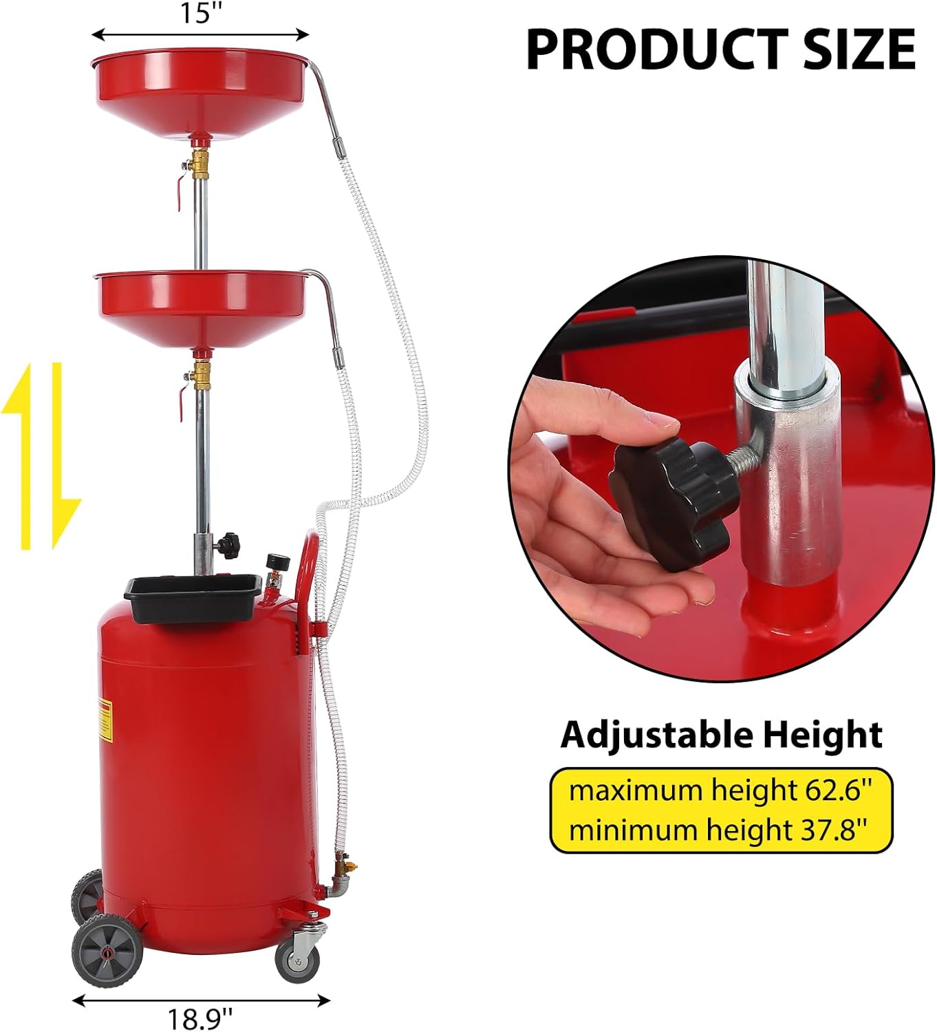 20 Gallon Oil Drain Tank, Fluid Fuel Transfer Tank, Portable Oil Drain Container, Air Operated Drainer with Wheels and a Toolbox, Adjustable Funnel Height