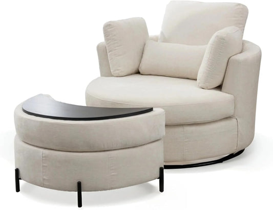 42" W Swivel Accent Barrel Chair Set Lounge Club Big Round Sofa with 4 Pillows for Living Room, Bedroom, Study, Hotel (Beige + Chenille)