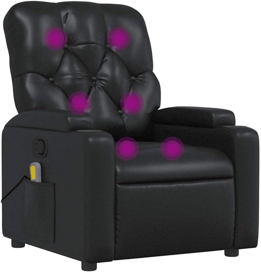 vidaXL Leather Massage Recliner Chair for Living Room, Home Theater, 6-Point Vibration Massage, Adjustable Back & Footrest, Cup Holders, Black