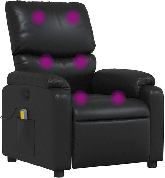 vidaXL Leather Massage Recliner Chair for Living Room, Home Theater, 6-Point Vibration Massage, Adjustable Back & Footrest, Side Pocket, Black