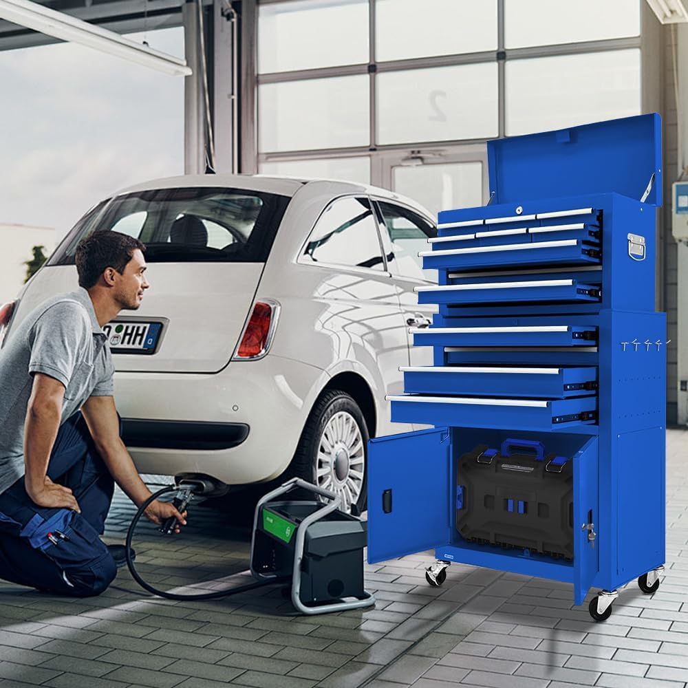 13-Drawer Double Door Rolling Tool Chest, 2 in 1 Detachable Tool Chest,Tool Box with Drawers and Wheels, Large Tool Cabinet with Lock, Metal Standing Toolbox for Garage Workshop-Blue